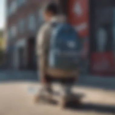 A skater using an Adidas backpack while riding, demonstrating its practicality in action.