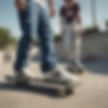 A group of skaters wearing Adidas button pants in an urban skate park setting.