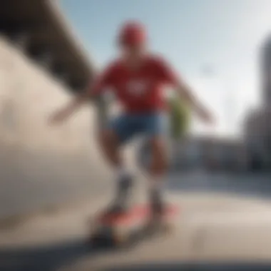 A skateboarder wearing the Adidas red and white t-shirt in an urban setting