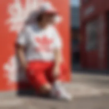 A vibrant street art backdrop complementing the Adidas red and white t-shirt