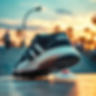 Adidas shoes against a vibrant skatepark backdrop