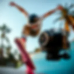 Skateboarder performing a trick with a camera in focus