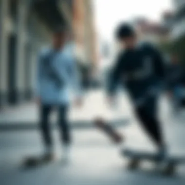 Skaters in Fashionable Graphic Long Sleeve Shirts Skateboarders wearing stylish graphic long sleeve shirts in urban setting