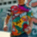 Vibrant all over print tee shirt showcasing skateboard graphics