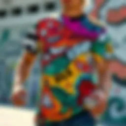 Vibrant all over print tee shirt showcasing skateboard graphics