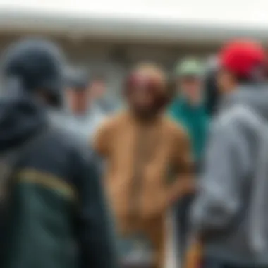 Group of skateboarders discussing and showcasing their gear