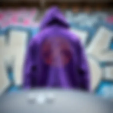 An artistic representation of the Anti Social Social Club logo on the purple hoodie against a graffiti backdrop.