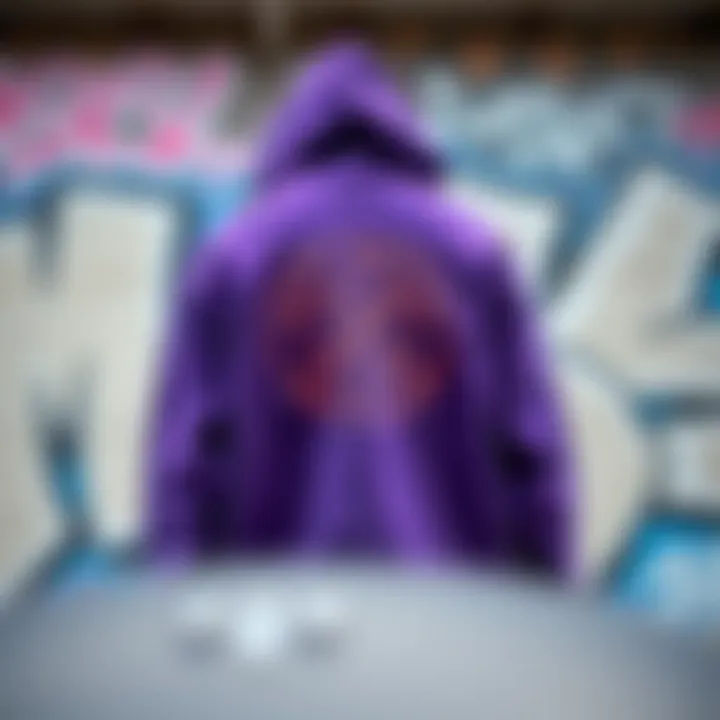 An artistic representation of the Anti Social Social Club logo on the purple hoodie against a graffiti backdrop.