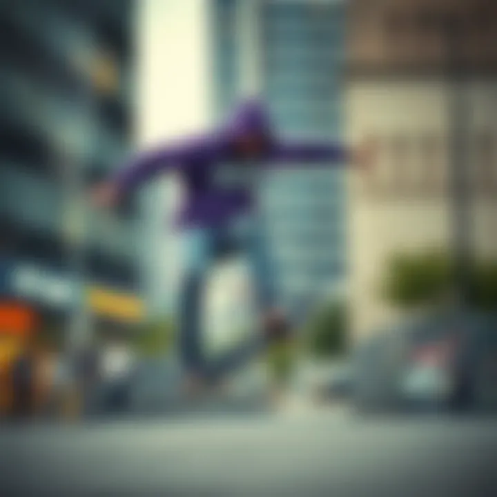 A skateboarder wearing the ASSC purple hoodie performing a trick in an urban setting.