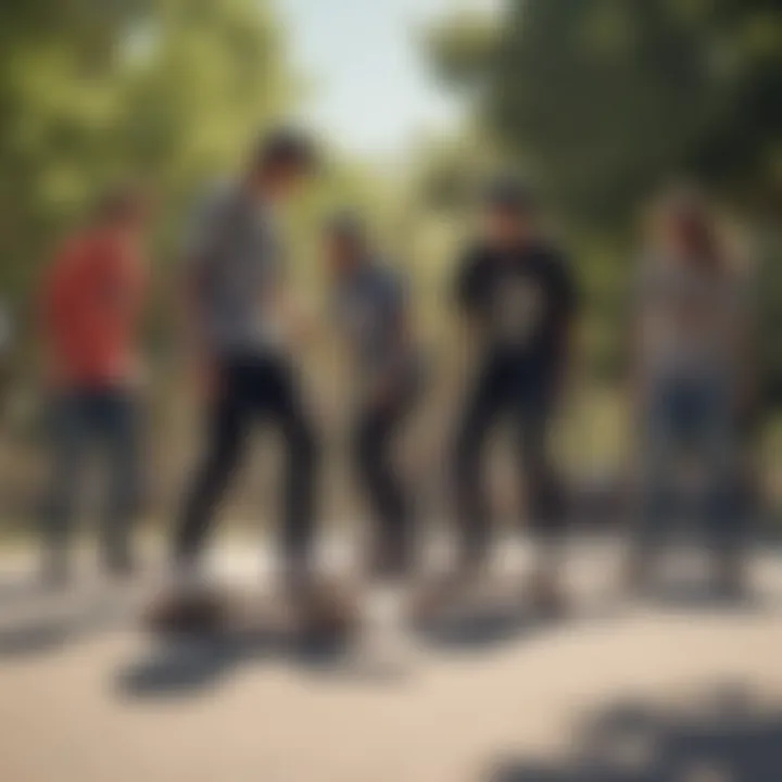 Group of skateboarders enjoying a session with Arbor Pocket Rocket skateboards in a park