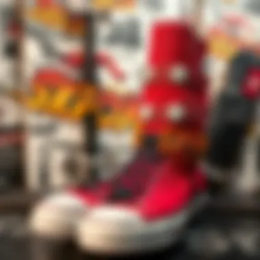 An artistic representation of red stacked Converse surrounded by skateboard graphics.