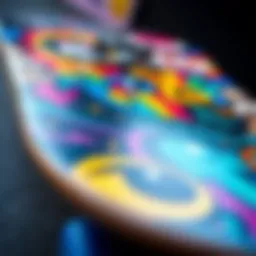 The vibrant graphics on a Baker skateboard deck showcasing artistic design