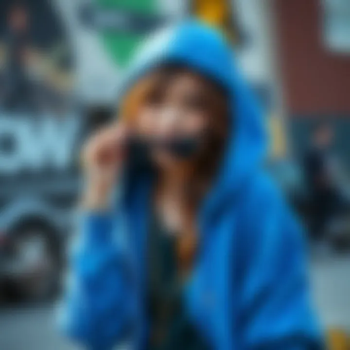 Personal Expression through Fashion A fashion-forward individual styling a blue hoodie with accessories