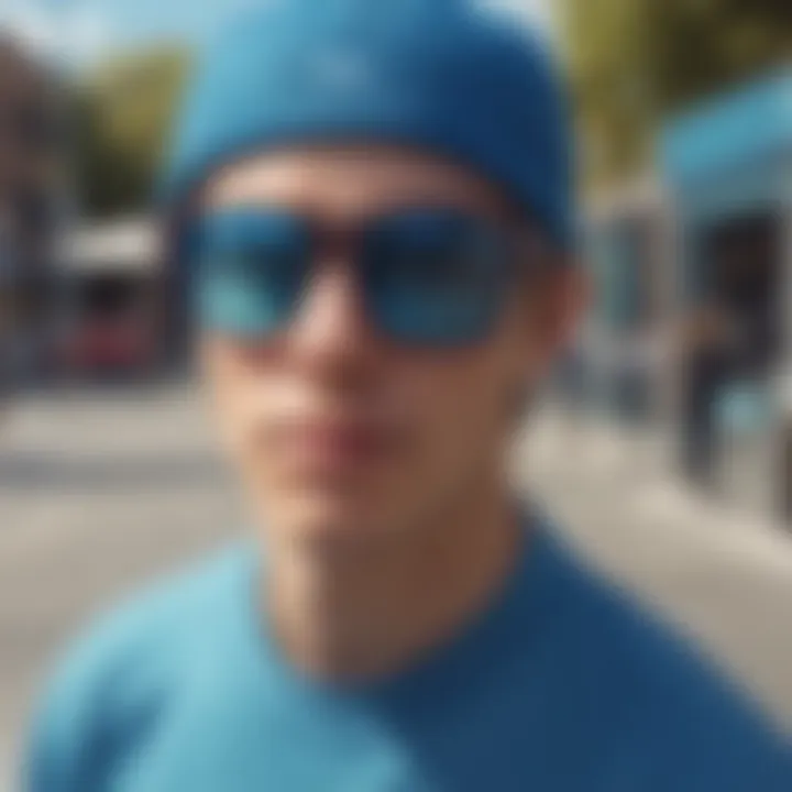 An artistic representation of a skater wearing blue rectangle glasses in an urban environment.