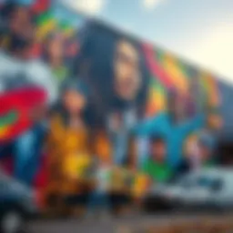 A vibrant mural of Bob Marley with skateboarders.