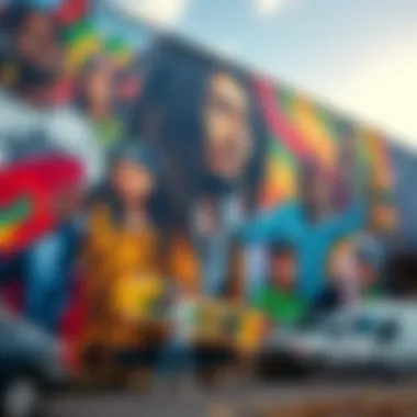 A vibrant mural of Bob Marley with skateboarders.