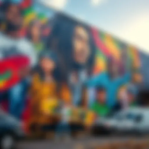 Bob Marley Mural Inspiring Skate Culture A vibrant mural of Bob Marley with skateboarders.