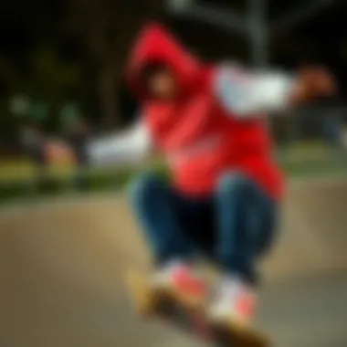 A skater wearing a Budweiser hoodie performing a trick at a skate park.