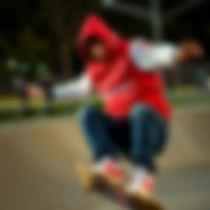 A skater wearing a Budweiser hoodie performing a trick at a skate park.