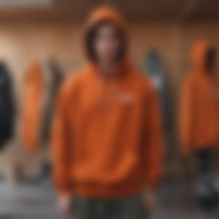 Collection of burnt orange hoodies displayed against a vibrant background