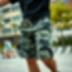 Camo sweatshorts in an urban skatepark setting