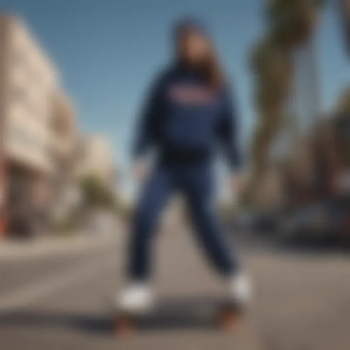 Champion sweatsuit styled within a skateboarding setting