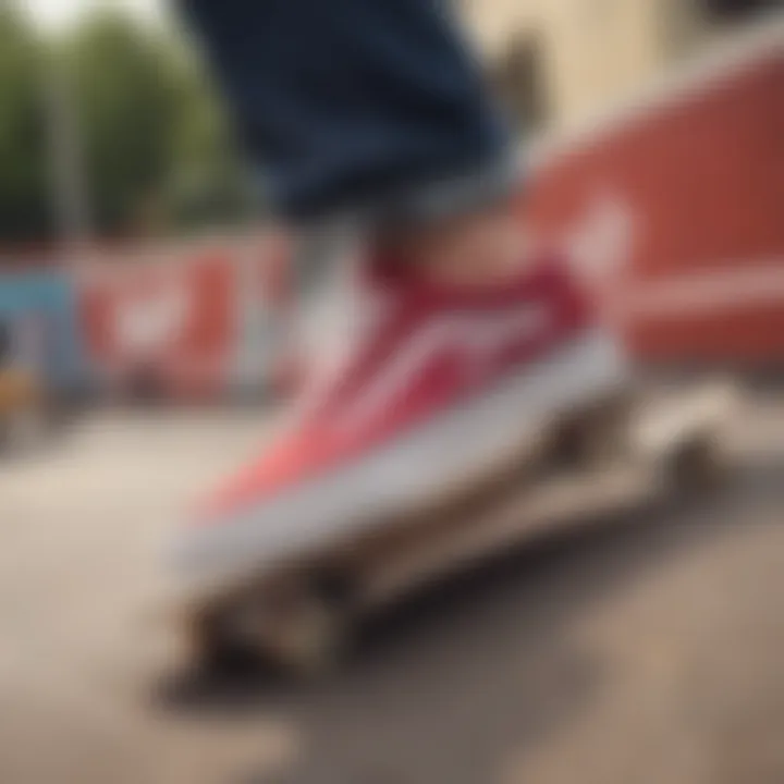 Skater performing tricks in Cherry Vans Old Skool on a vibrant skate park.