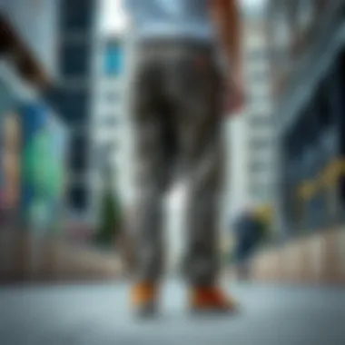 Chino pants displayed in urban skate environment