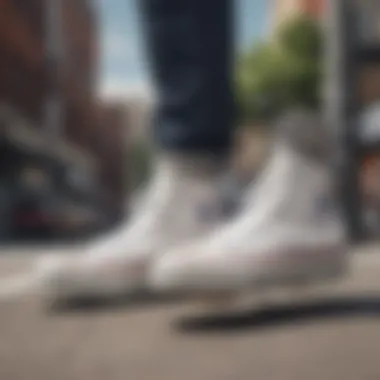 Dynamic street scene demonstrating the Chuck Taylor All Star Lift White in skateboarding context