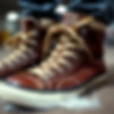 Close-up of Chuck Taylor leather high tops showcasing design details