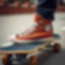 Classic Chuck Taylor leather high tops on a skateboard