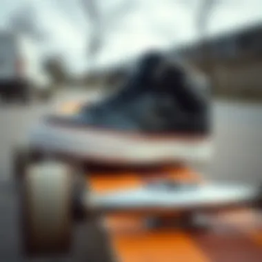 Chunky Black Shoes on a Skateboard A close-up view of chunky black skate shoes on a skateboard