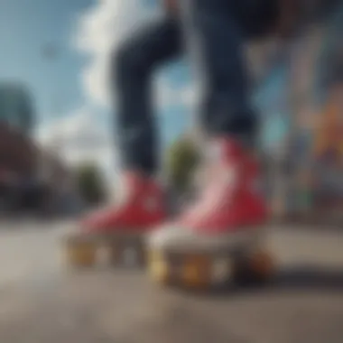 Group of skaters in a vibrant urban setting, all wearing cloud shoes with laces, reflecting skate culture