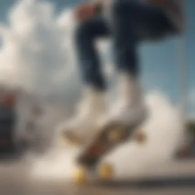 Skater performing tricks while wearing stylish cloud shoes with laces, highlighting their performance