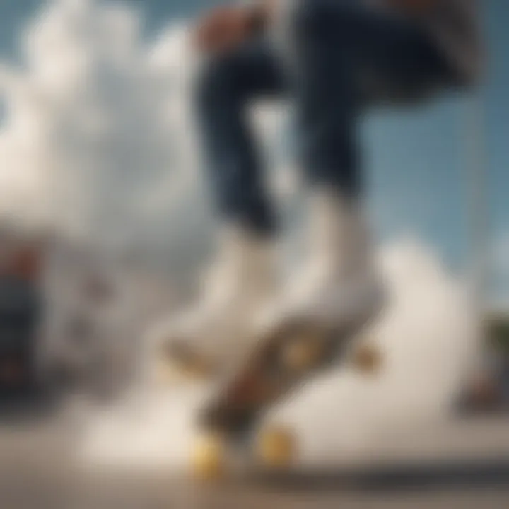 Skater performing tricks while wearing stylish cloud shoes with laces, highlighting their performance