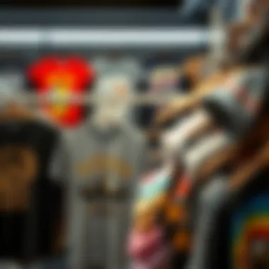 Showcase of various all over print tee shirts in a display