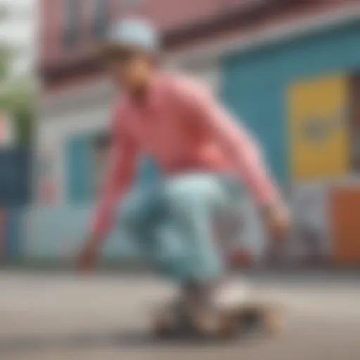 A model showcasing a vibrant color block pastel shirt while skateboarding.