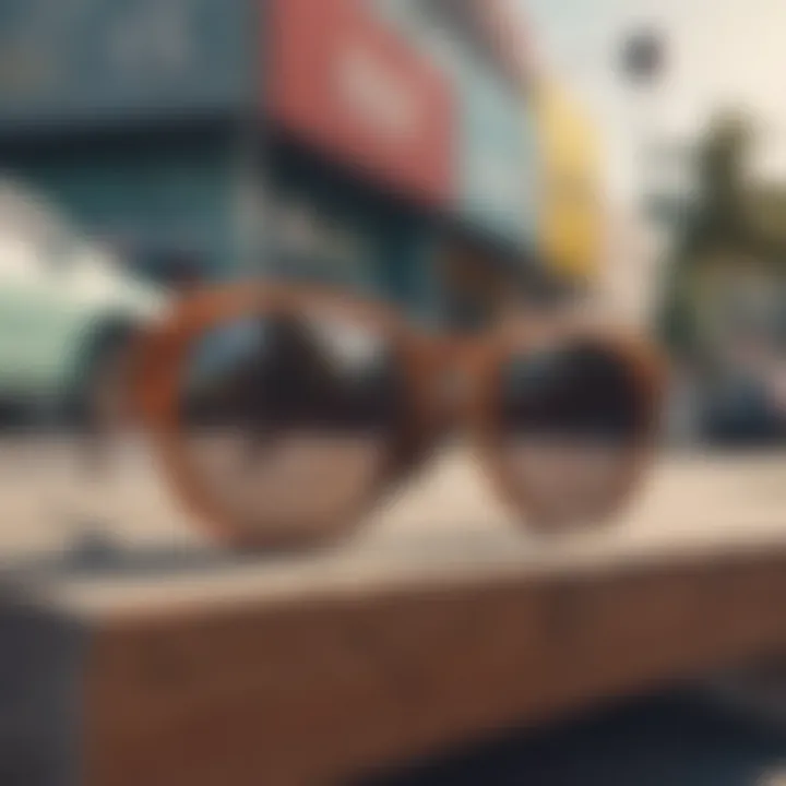 Round sunglasses placed against a backdrop of skate culture elements