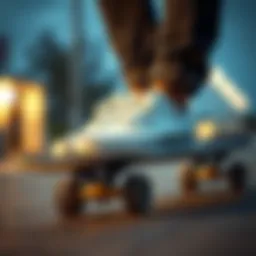 A stylish pair of white low top Vans on a skateboard