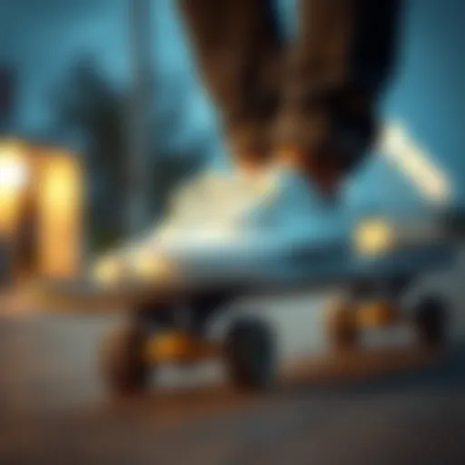 A stylish pair of white low top Vans on a skateboard