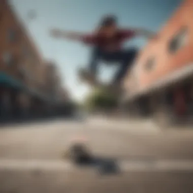 An action shot of a skateboarder performing tricks on a 7-inch complete skateboard in an urban setting.