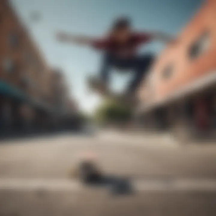 An action shot of a skateboarder performing tricks on a 7-inch complete skateboard in an urban setting.