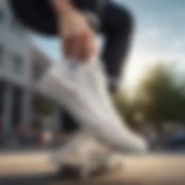 A skateboarder wearing Converse All Star Low White sneakers performing a trick.