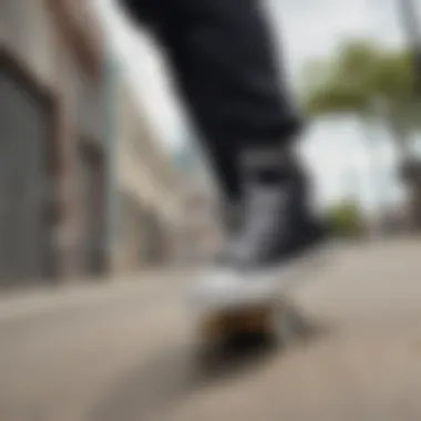 An urban setting featuring a skateboarder wearing the Converse Chuck Taylor All Star Lift Ox, highlighting its cultural relevance