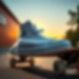 Close-up of Converse high top platform white canvas shoes on a skateboard