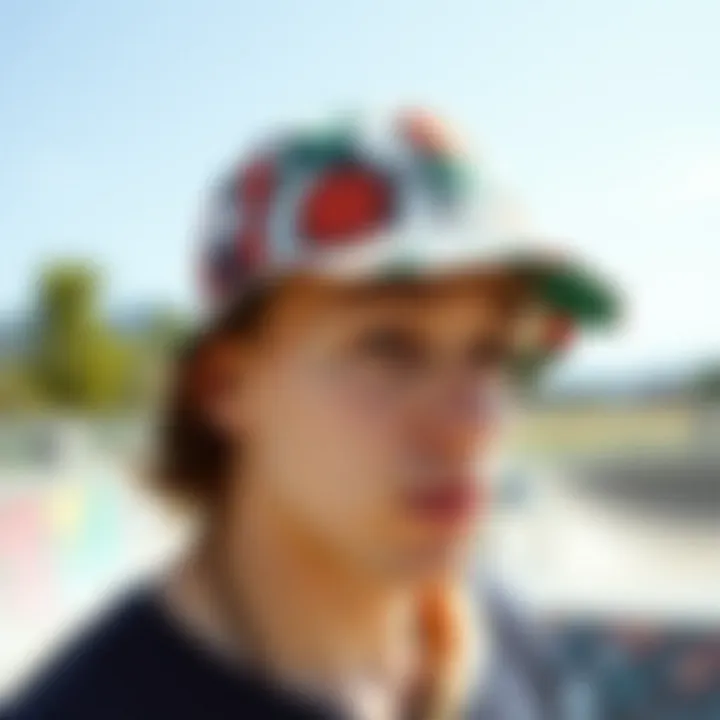 Skateboarder wearing a trendy hat at a skatepark