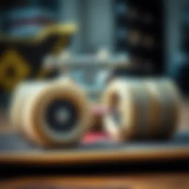 Performance Components: Wheels and Trucks Close-up of longboard wheels and trucks for performance analysis