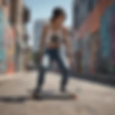 Graffiti backdrop featuring a cropped tank top and skateboard