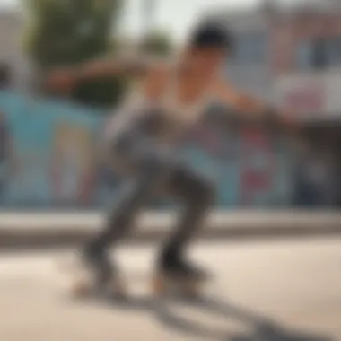 Stylish cropped tank top worn by a skateboarder in action