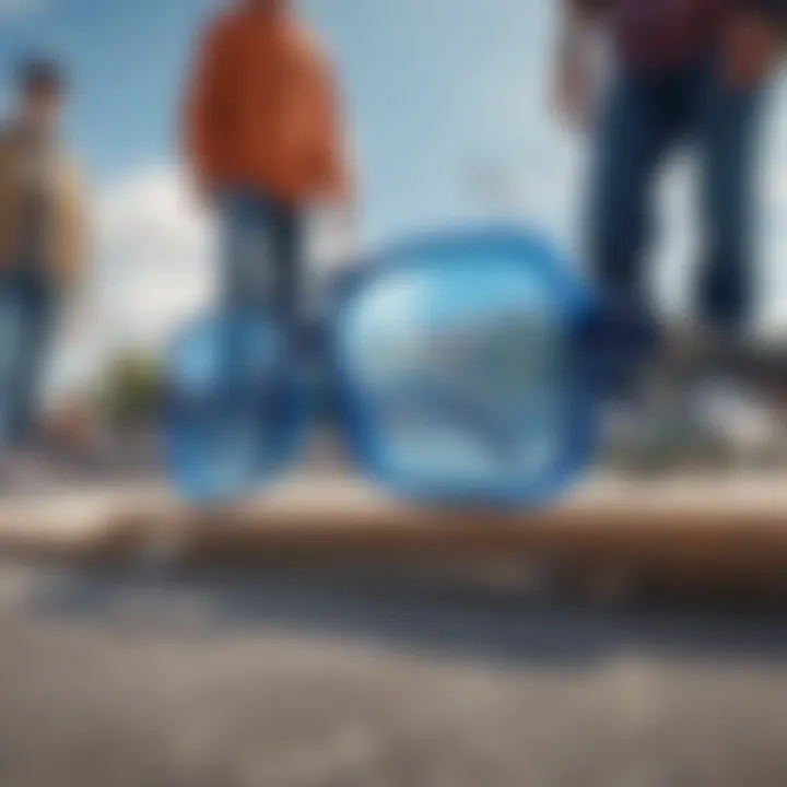 A stylish group of skaters demonstrating the cultural significance of blue rectangle glasses.